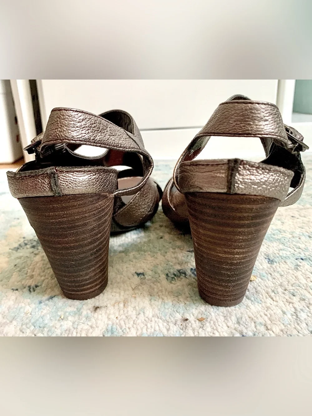 Nicole Metallic Bronze Pewter Strappy Platform Chunky Heels Sandals